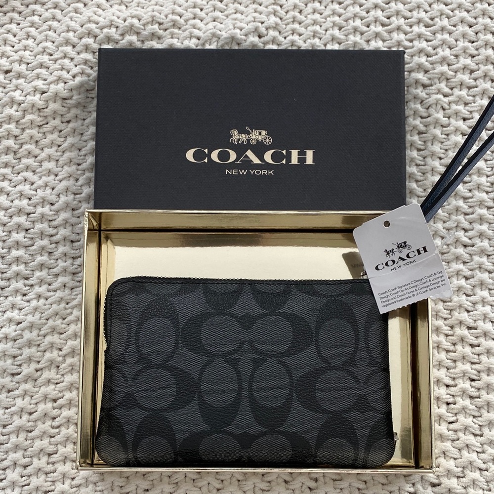 Coach Black Smoke with Metallic navy Signature Corner Zip Wristlet